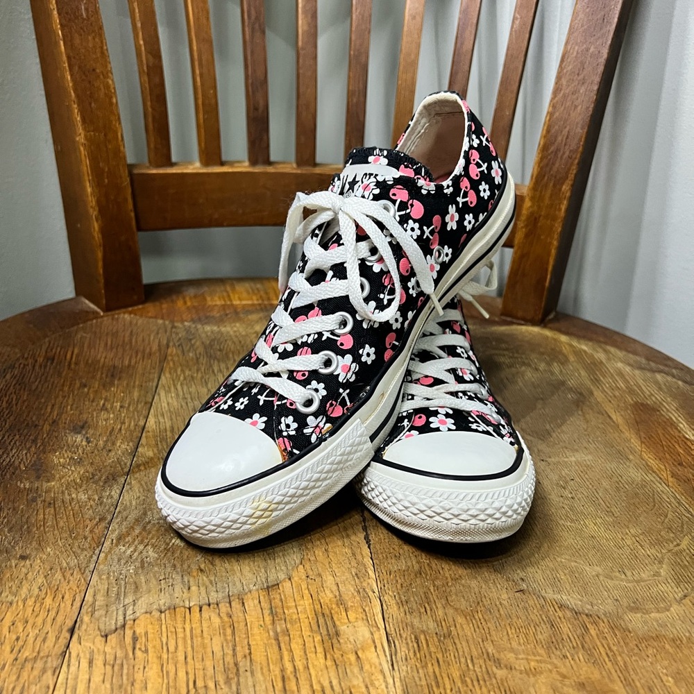 Converse Black Pink and White Floral Kids Sneakers